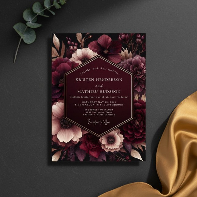 Convite Burgundy Velvet Bloom Wedding (Criador carregado)