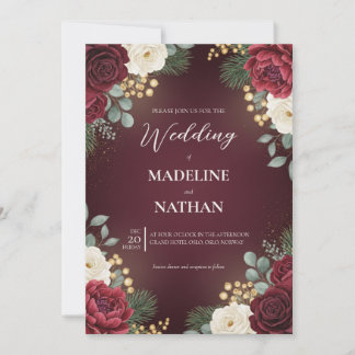 Convite Burgundy Velvet Floral Christmas Wedding