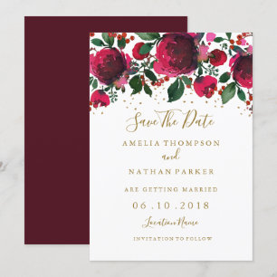 Convite Burgundy Vermelho Dourado Floral Save The Date