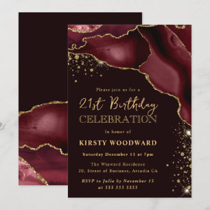 Convite Burgundy Vermelho e Dourado Brilho Ágata Aniversár