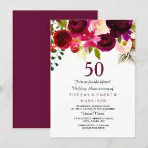 Convite Burgundy Vermelho Floral Boho 50º Aniversário de C