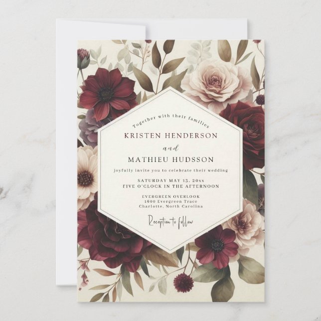 Convite Burgundy Victorian Flora Wedding (Frente)