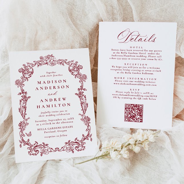 Convite Burgundy Victorian Floral All in One Wedding (Criador carregado)