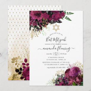Convite Burgundy Vintage - Bat Mitzvah Marsala e Dourado