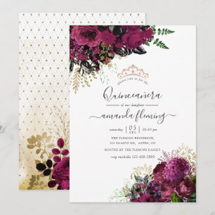 Convite Burgundy Vintage - Marsala e Dourado Quinceañera