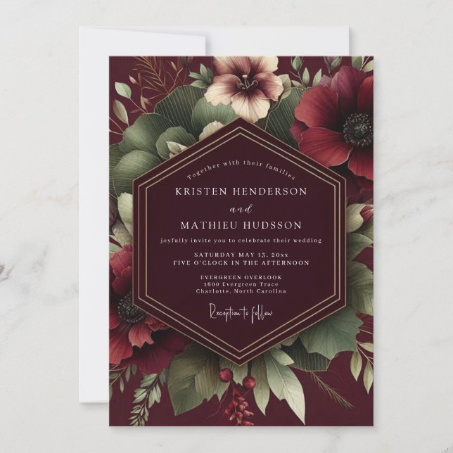 Convite Burgundy Vintner Floral Wedding (Frente)
