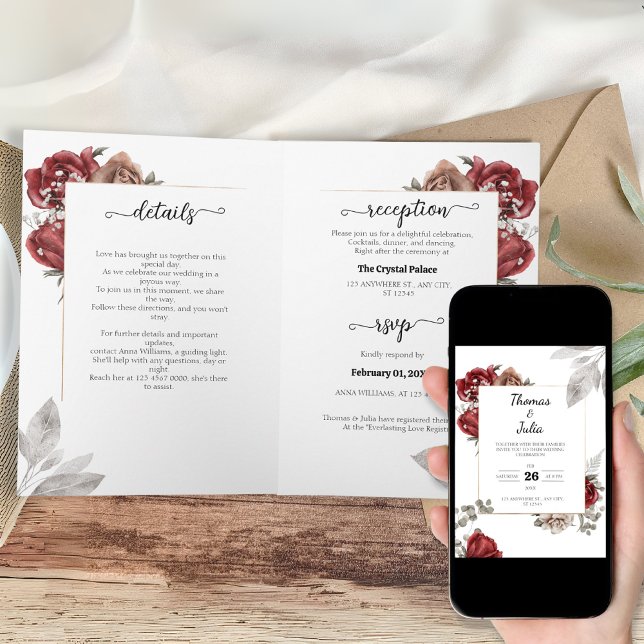 Convite Burgundy Watercolor Casamento Floral (Burgundy Watercolor Floral wedding Invitation)