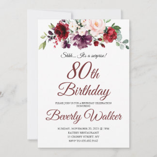 Convite Burgundy Watercolor Floral 80 Surpresa Aniversário