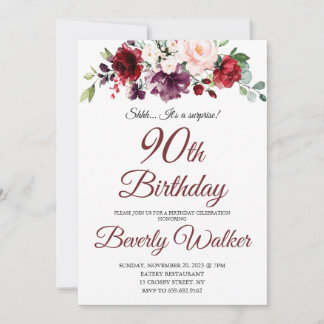 Convite Burgundy Watercolor Floral 90 Surpresa Aniversário