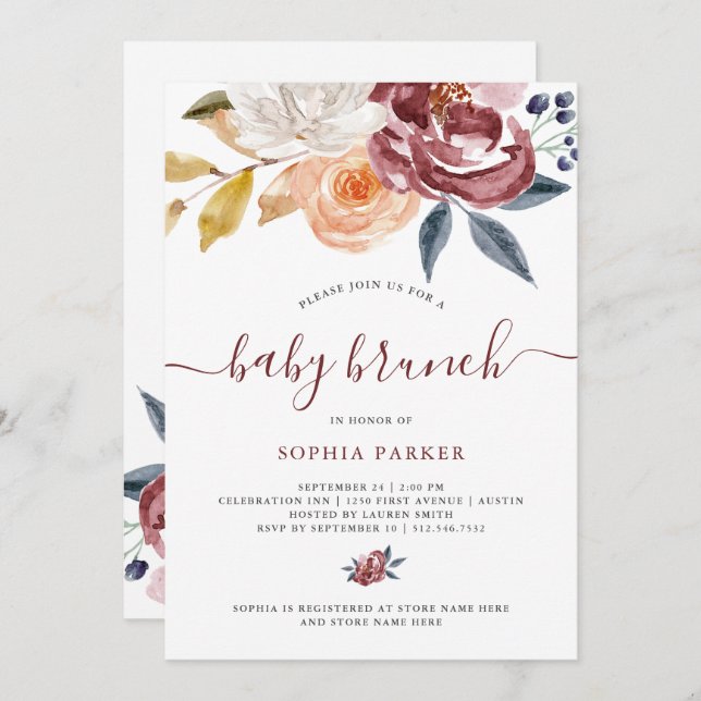 Convite Burgundy Watercolor Floral | Baby Brunch (Frente/Verso)