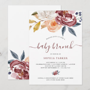 Convite Burgundy Watercolor Floral Baby Brunch
