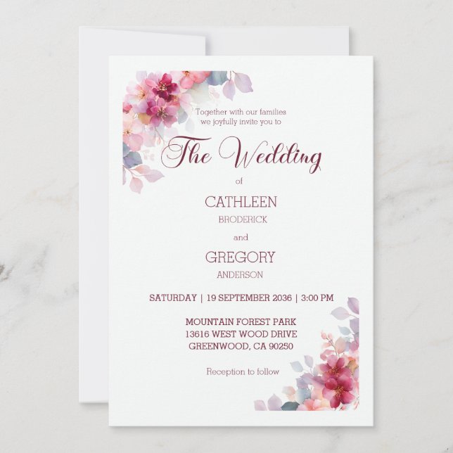 Convite Burgundy Watercolor Floral Calligraphy Wedding (Frente)