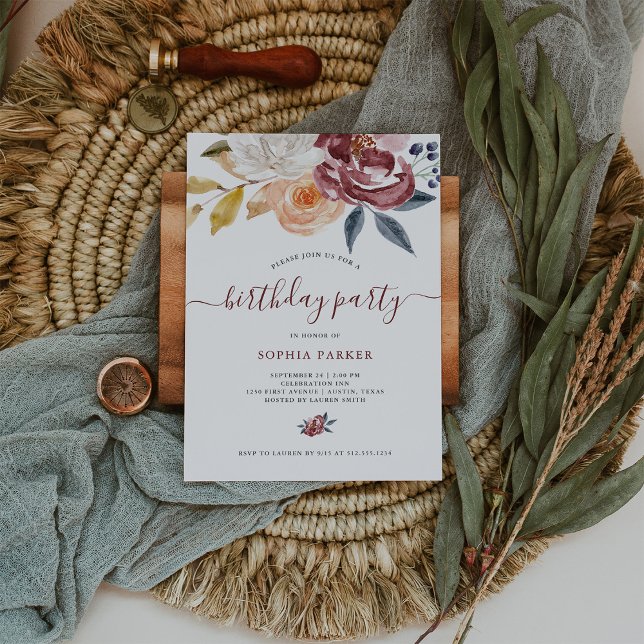 Convite Burgundy Watercolor Floral | FESTA DE ANIVERSÁRIO (Criador carregado)