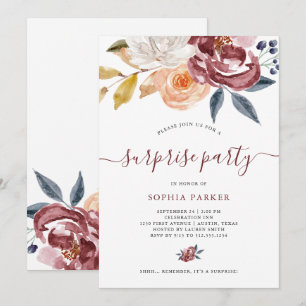 Convite Burgundy Watercolor Floral Parte Surpresa