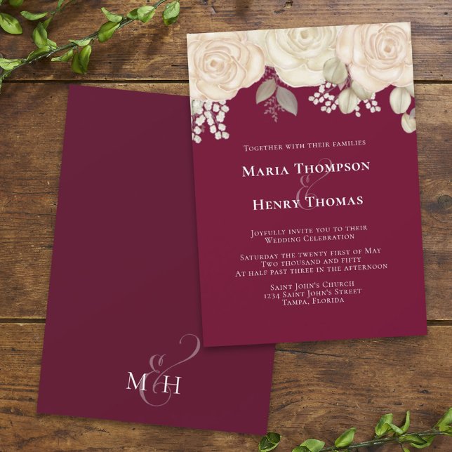 Convite Burgundy Watercolor Ivory Floral (Criador carregado)