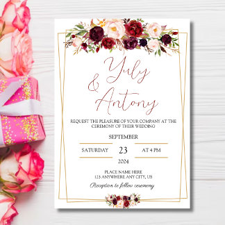 Convite Burgundy watercolor modern flowers invitation
