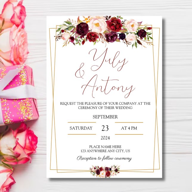 Convite Burgundy watercolor modern flowers  invitation  (Tarjeta para boda flores rojo borgoña
)