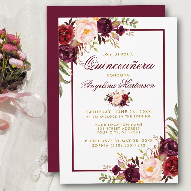 Convite Burgundy Watercolor Quinceanera Dourada Floral (Customize to change text color, style, add text & photos to back or change color of back of card.)