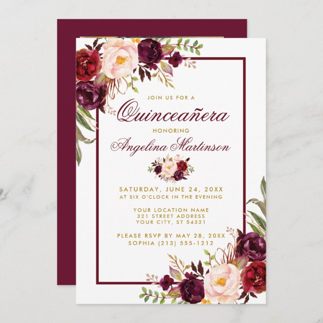 Convite Burgundy Watercolor Quinceanera Dourada Floral (Frente/Verso)