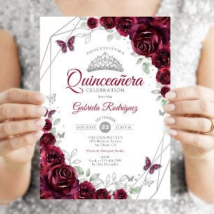 Convite Burgundy Watercolor Quinceanera Floral