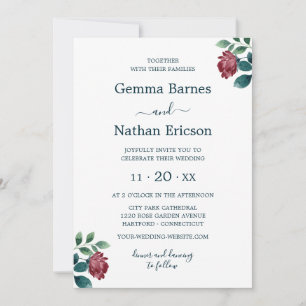 Convite Burgundy Watercolor Rosas Romântica Casamento Teal