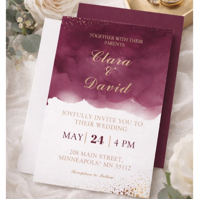 Convite Burgundy Watercolor Wedding Invitation (Criador carregado)