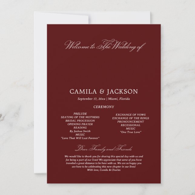 Convite  Burgundy Wedding Flat Program (Frente)