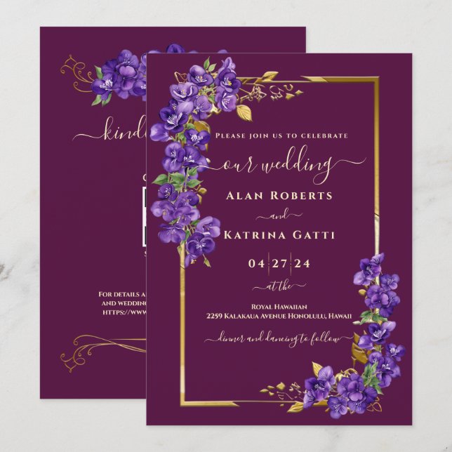 Convite Burgundy Wedding RSVP QR Code Violets Gold Frame (Frente/Verso)