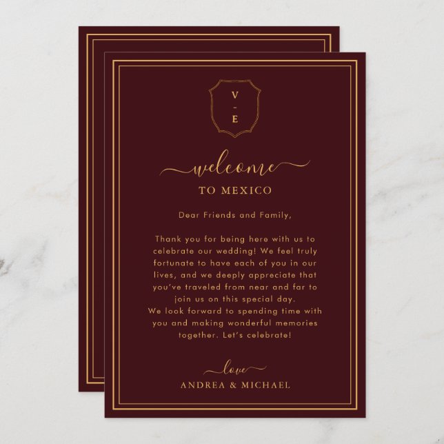Convite Burgundy Wedding Welcome Letter & Itinerary Card (Frente/Verso)