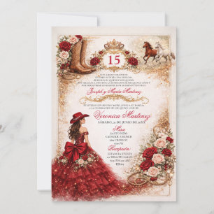 Convite Burgundy Western Quinceañera Rosa Vermelha