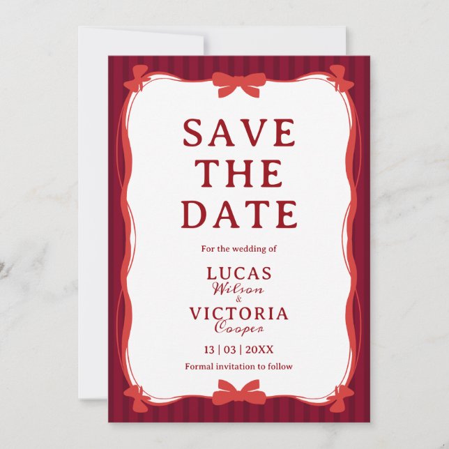 Convite Burgundy Whimsical Red Bow Save The Date (Frente)
