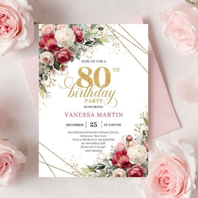 Convite Burgundy white floral 80th birthday invite green  (Burgundy white floral 80th birthday invite with greenery

)