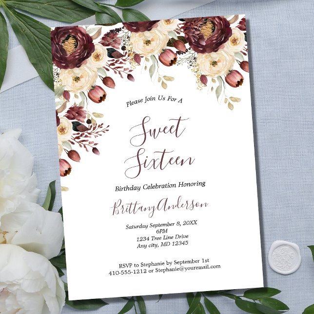 Convite Burgundy White Floral Botânica Sweet Dezesseis 16 (Burgundy Maroon White Floral Botanical Formal Sweet Sixteen Birthday Party Invitation)