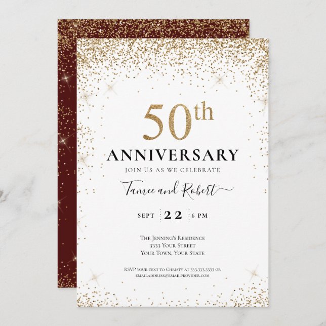 Convite Burgundy White Gold 50th Wedding Anniversary  (Frente/Verso)
