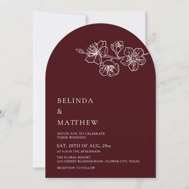 Convite Burgundy White Line Art Minimalist Wedding (Frente)