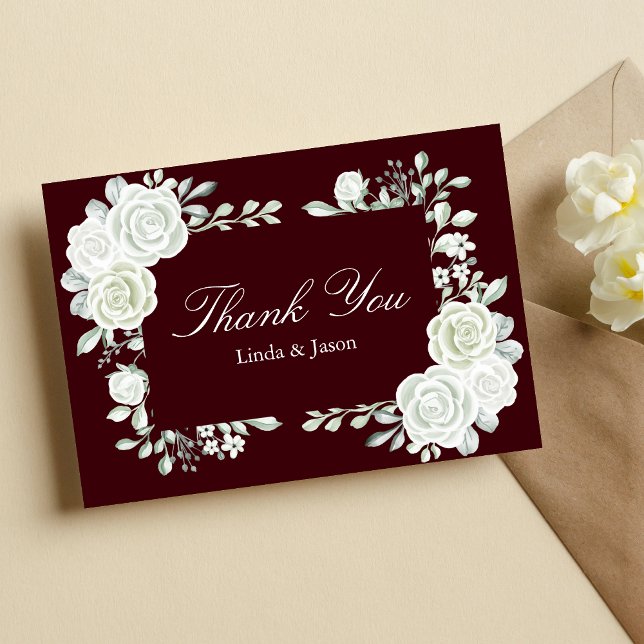 Convite Burgundy White Roses Wedding Thank You Cards (Criador carregado)
