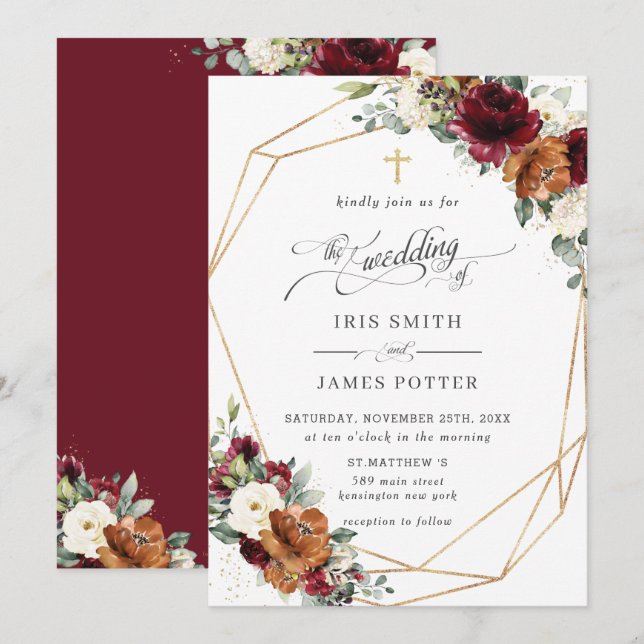 Convite Burgundy White Rust Orange Floral Church Wedding   (Frente/Verso)