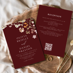 Convite Burgundy Wildflower All in One QR Code Casamento