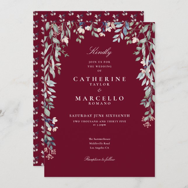 Convite Burgundy Wildflower Floral Greenery Casamento (Frente/Verso)