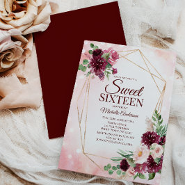 Convite Burgundy Wine Dourado Boho Watercolor Sweet Floral