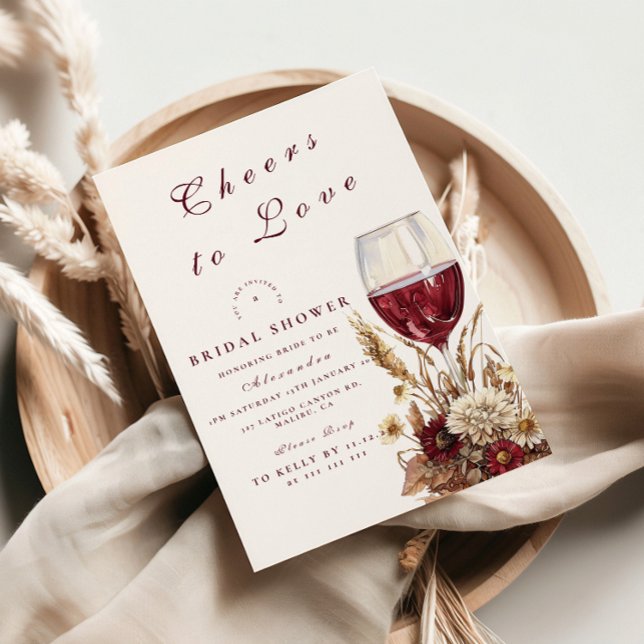 Convite Burgundy Wine Glass Floral Bridal Shower (Criador carregado)