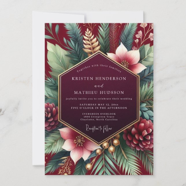 Convite Burgundy Winter Botanical Wedding (Frente)
