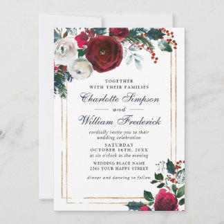 Convite Burgundy Winter Rosas Foliage Watercolor Casamento
