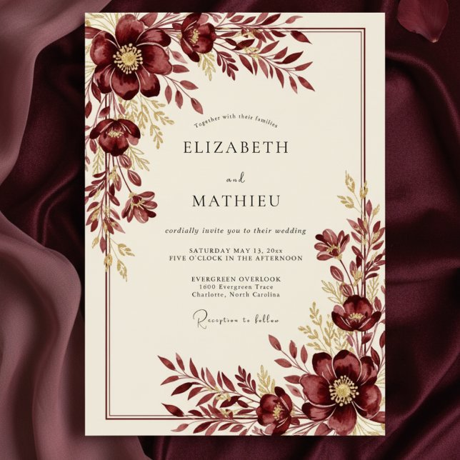 Convite Burgundy Wintry Floral Wedding (Criador carregado)
