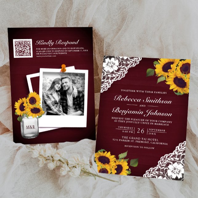 Convite Burgundy Wood Lace Sunflower Photo Código QR Casam (Criador carregado)