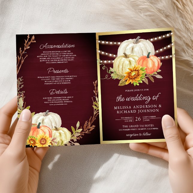 Convite Burgundy Wood Sunflower Pumpkin QR Code Wedding (Criador carregado)