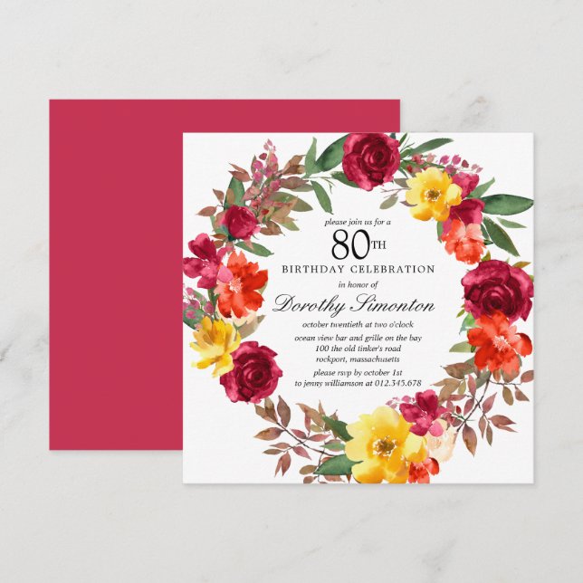 Convite Burgundy Yellow Orange Floral 80 Birday (Frente/Verso)