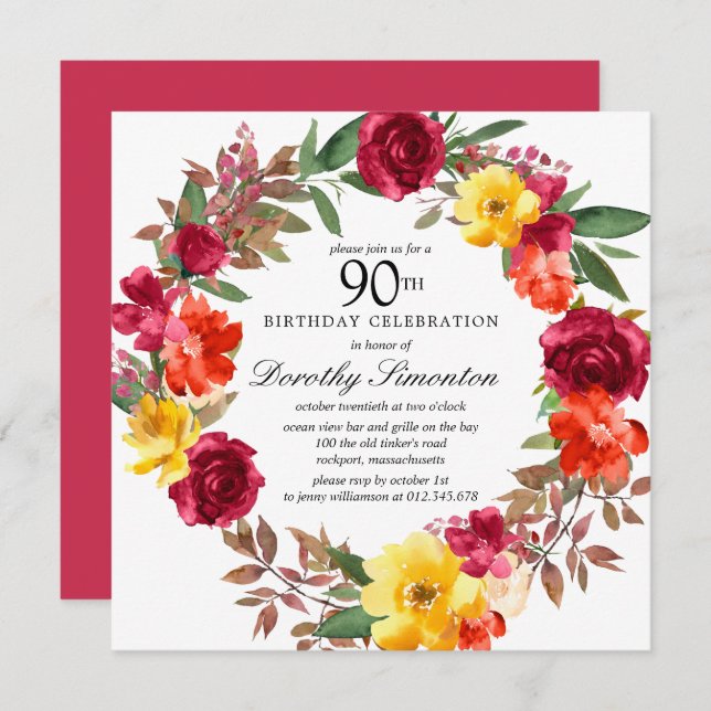 Convite Burgundy Yellow Orange Floral 90 Birday (Frente/Verso)