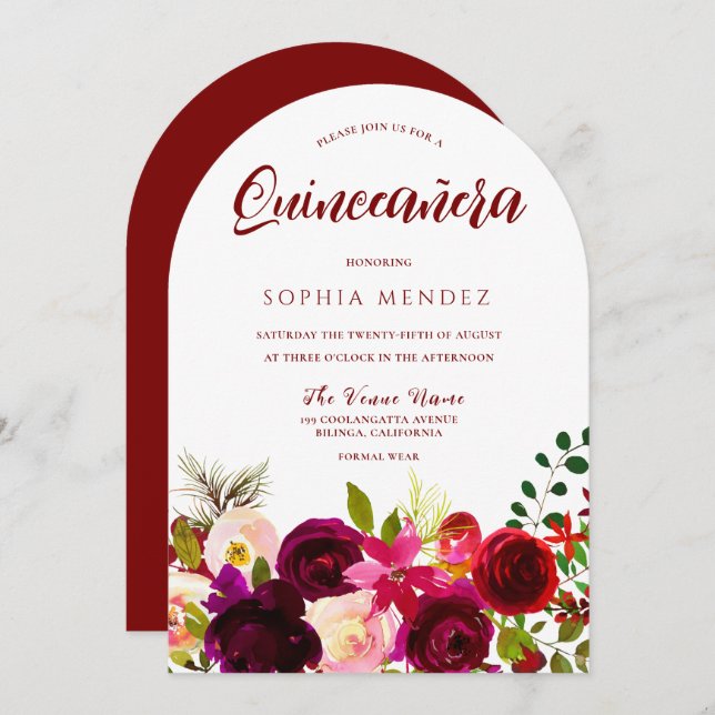 Convite Burgunte Red Wine Boho Floral Quinceanera (Frente/Verso)