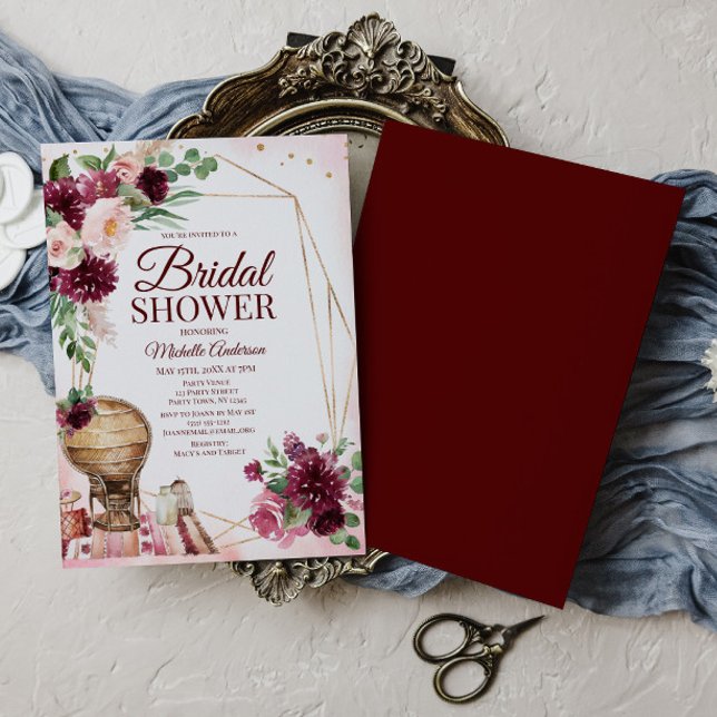 Convite Burgunte Vinho Boho Aquarela Chá de panela Floral (Criador carregado)